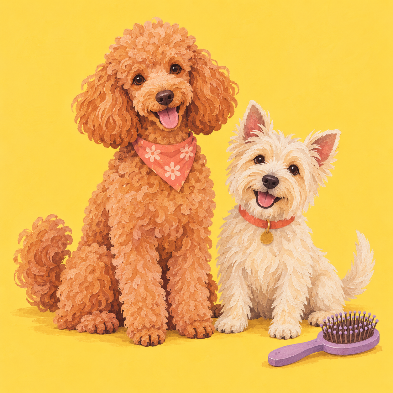 A cheerful curly poodle and small terrier sitting together